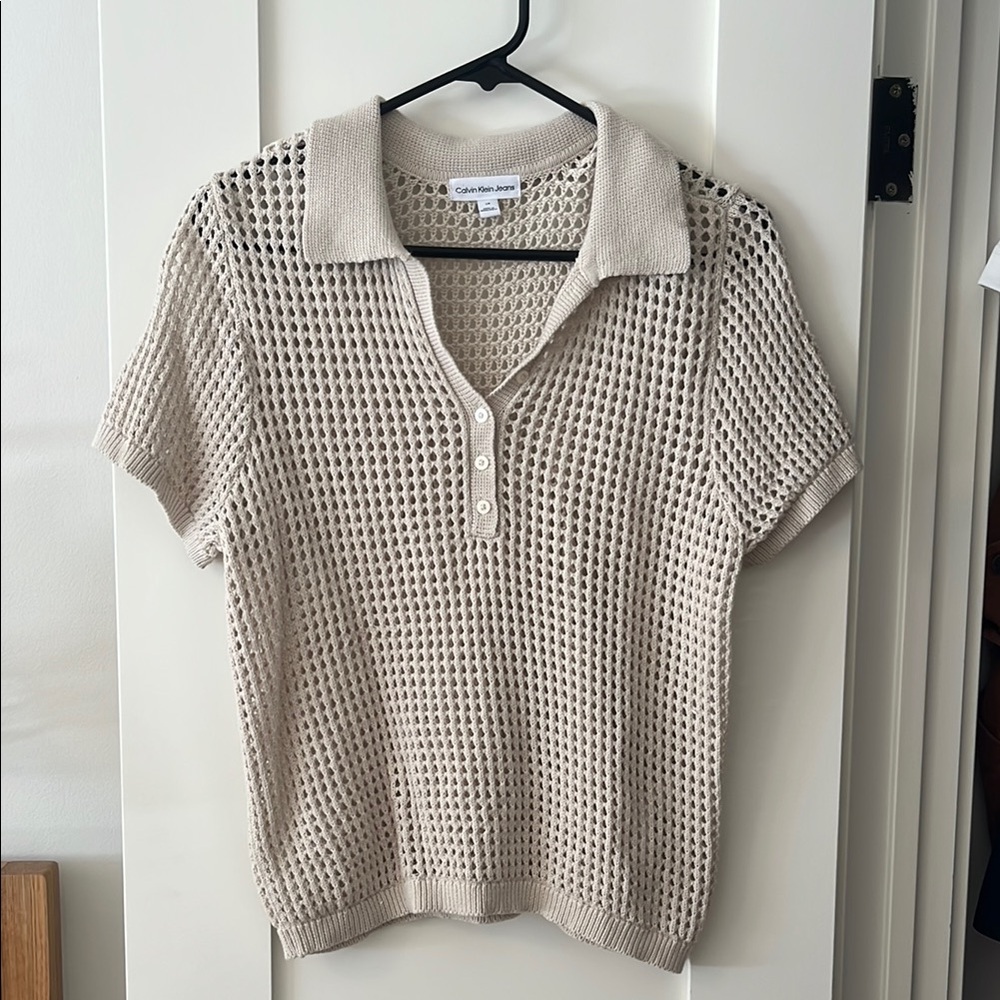 CLEARANCE Calvin Klein Beige Knit Polo Top L